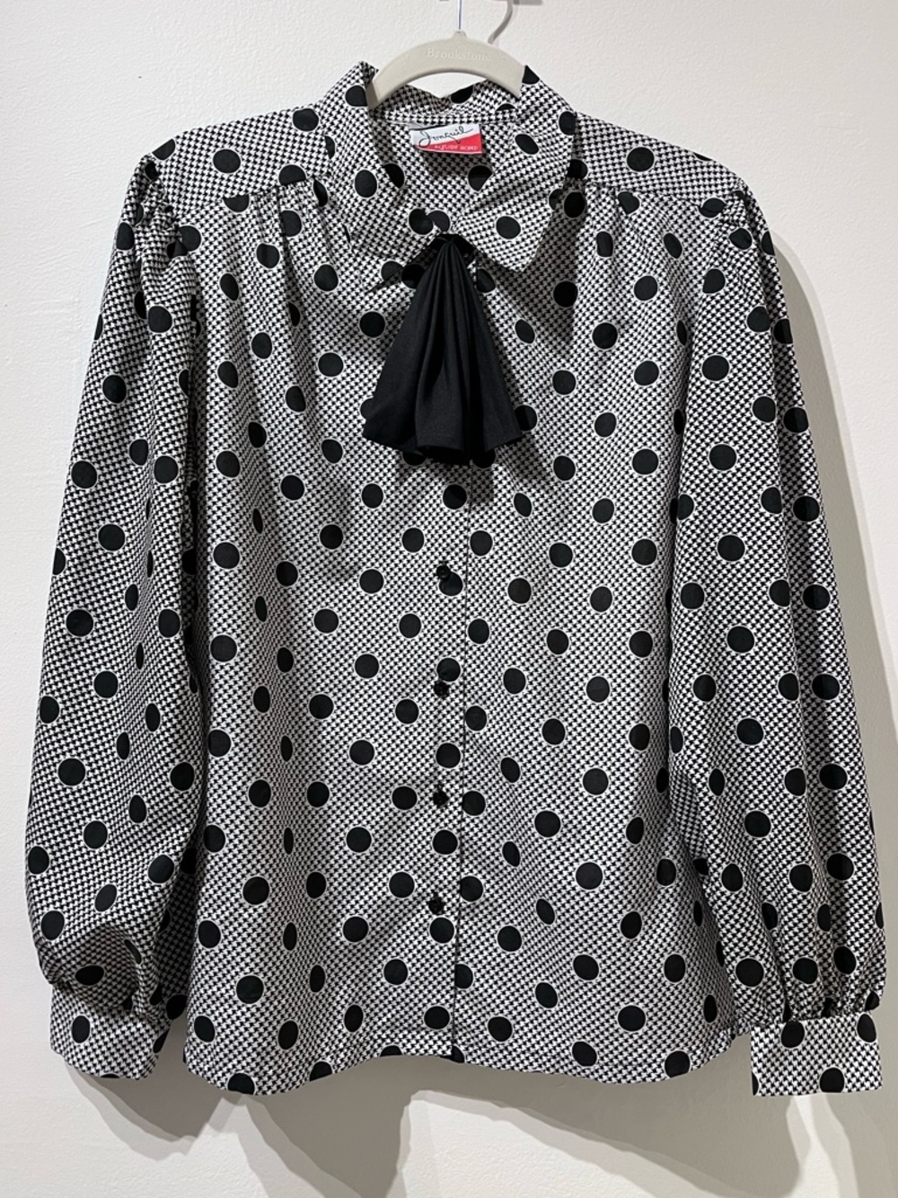 Vintage Jonquil Judy Bond Black and White Polka Dot Tie-Neck Blouse Size Large